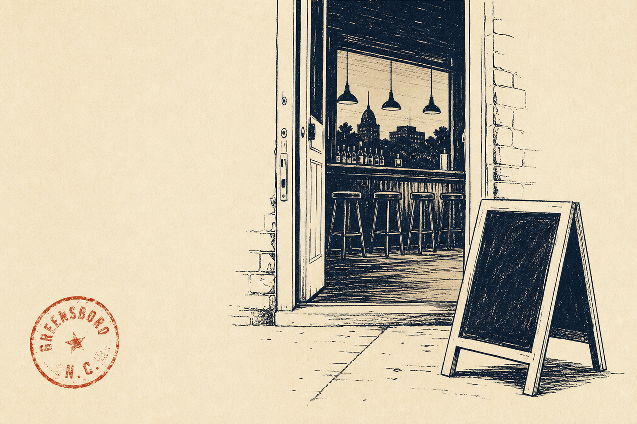 Duotone editorial illustration of a Greensboro bar interior at dusk seen through an open doorway with pendant lights and an A-frame chalkboard sign on the sidewalk, ink on cream paper.